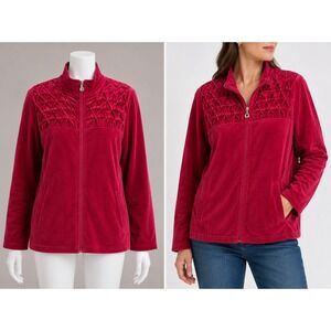 Vintage Onque Casual Jacket Large Petite Rio Red Velour Smock Beaded Zip Up Y2K
